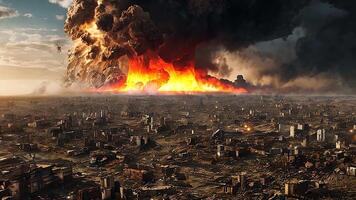 Massive explosion over a ruined cityscape in an apocalyptic setting, with dark clouds and intense fire engulfing buildings, capturing devastation and catastrophic urban destruction. video