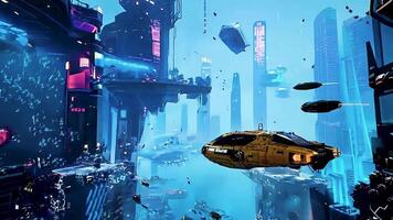 Futuristic cityscape with spaceships navigating through a neon-lit cyberpunk world, showcasing advanced technology and a sci-fi metropolis atmosphere. video