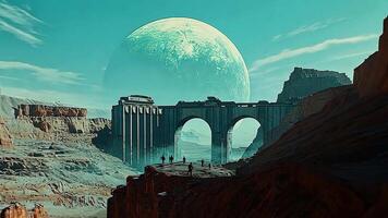 surréaliste paysage avec massif planète et pont, illustrant un épique périple à travers une loin extraterrestre monde dans une concept élevé fantaisie réglage video