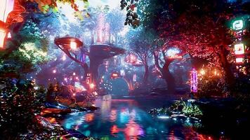 Mystical forest scene with glowing neon lights and water reflections, capturing a fantasy landscape blending nature and cyberpunk ambiance. video