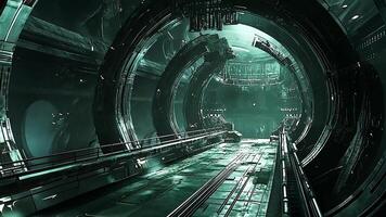 Dark and Mysterious Sci-Fi Tunnel Illuminated by Green Light, Showcasing Futuristic Architecture and Advanced Technology in an Industrial Cyberpunk Environment video
