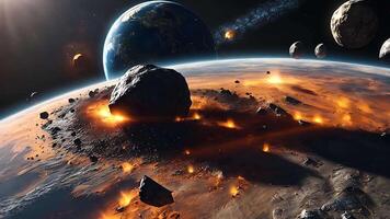 Spectacular scene of asteroid colliding with planet, illustrating a catastrophic cosmic event with fire, debris, and energy, capturing the intensity of an apocalyptic space impact video