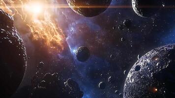 Asteroids and planets floating in the galaxy, with a bright sun flare and cosmic dust, highlighting the grandeur of the universe and celestial bodies in deep space video