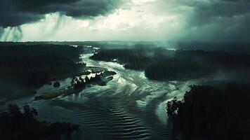 Atmospheric view of misty river winding through dense rainforest, with dark clouds and rain creating a mysterious, serene, and dramatic tropical landscape video