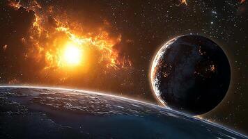 Spectacular view of sun and planets in deep space, with glowing light and orbiting celestial bodies, symbolizing the beauty and mystery of the solar system and galaxy video