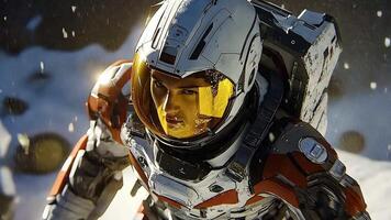 Close-Up of Woman Astronaut in Futuristic Spacesuit on Exploration Mission, Gazing Determinedly Through Helmet Visor with Reflections of Cosmic Light, Ready for Space Adventure video