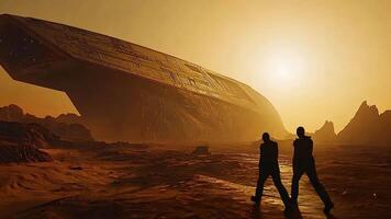 deux ombragé les voyageurs approche une géant extraterrestre vaisseau spatial comme une d'or le coucher du soleil chutes comme une film, évoquant le mystère et aventure de une désolé désert planète. video
