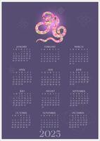 Happy new year 2025, year of the snake, Full calendar. calendar 2025. text 2025. Purple cute design with polygonal reptile. Happy New Year. design template Dates All month and weekdays vector