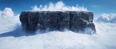 Majestic snow capped mountain peak in the clouds photo