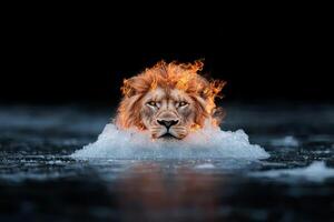 Majestic lion emerging from water with fiery mane photo