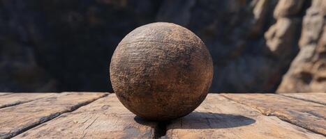 Weathered wooden sphere on rustic surface photo