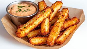 Crispy breaded potato wedges with dipping sauce photo