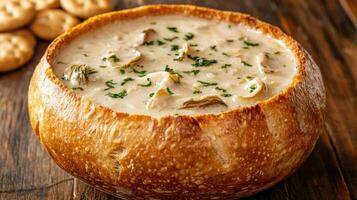 cremoso seta sopa servido en un un pan cuenco foto