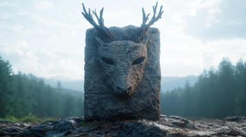 Mystical stone sculpture of a deer in the forest photo