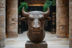 Weathered bronze bull statue in ancient architectural setting photo