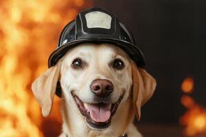 Smiling dog wearing firefighter helmet photo