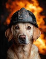 firefighter dog with helmet in front of flames photo