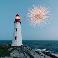 Lighthouse with fireworks display over the ocean photo