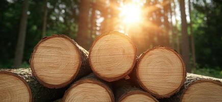 Stacked logs in a sunlit forest photo