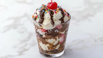 Colorful ice cream sundae with chocolate syrup and sprinkles photo