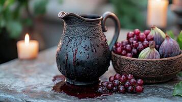 Rustic ceramic pitcher with spilled grape juice and fresh fruit photo