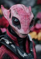 close up of an alien character with a pink and black spacesuit photo