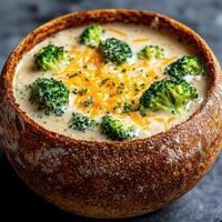 cremoso brócoli sopa en un un pan cuenco foto