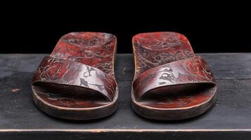 Decorative wooden sandals with floral patterns photo