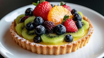 Delicious fruit tart with fresh berries and citrus slices photo