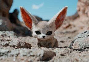 Curious fennec fox peeking out from rocks photo