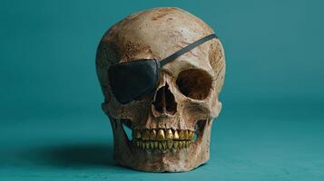 Creepy skull with eye patch on teal background photo