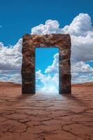 Surreal desert landscape with rocky archway and blue sky photo