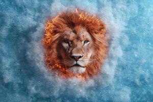 Powerful lion surrounded by fire and ice photo