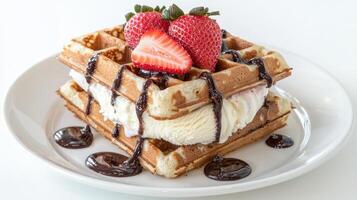Delicious waffle dessert with fresh strawberries and chocolate sauce photo