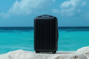 black suitcase on rocky beach with turquoise ocean photo