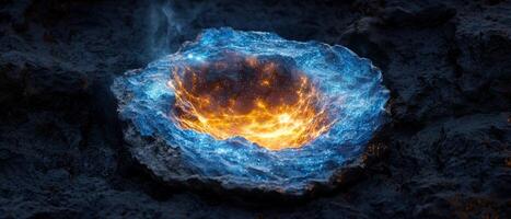 Glowing Molten Rock Encased in Icy Glacier photo