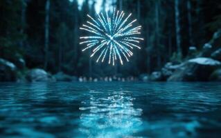 Stunning fireworks display over a serene lake photo