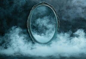 Mysterious mirror in smoky atmosphere photo