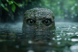 Mysterious green eyed creature emerging from the water photo