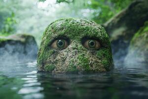 Mysterious moss covered creature in forest stream photo