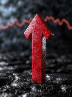 Glowing red arrow pointing up through dark background photo