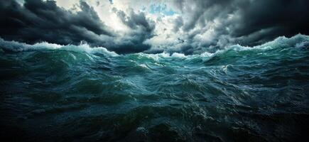 Stormy ocean waves crashing under dark clouds photo