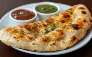 Delicious homemade naan bread with two dipping sauces photo
