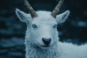 Majestic white goat with piercing blue eyes in snowy forest photo