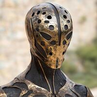 Futuristic robot with a distressed metal mask photo