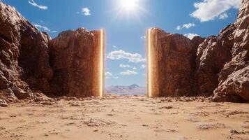 Dramatic desert landscape with towering rock formations photo