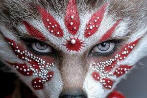 Closeup of a wild animal with vibrant red and white markings photo