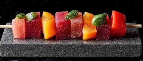 Colorful Fruit Skewers on Dark Background photo