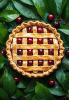 Homemade cherry pie with lattice crust photo