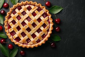 Homemade cherry pie with lattice crust photo